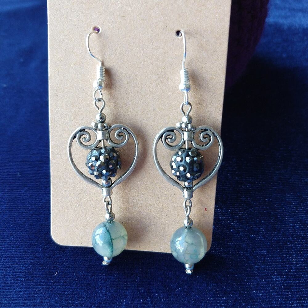 Upcycled Vintage Heart Earrings chandelier drop fish hook hypoallergenic green
